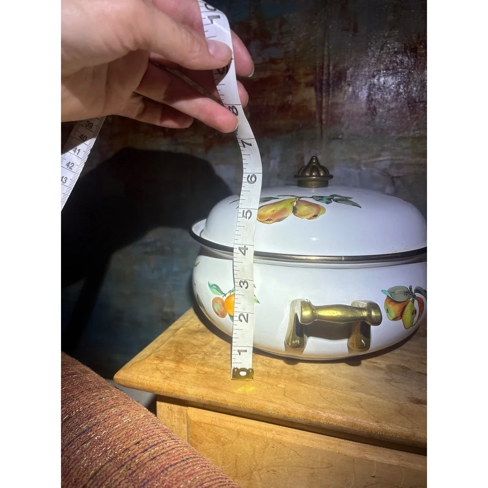 Tabletops Unlimited Fruit Enamelware Dutch Oven Lidded Casserole Pot Brass Handl